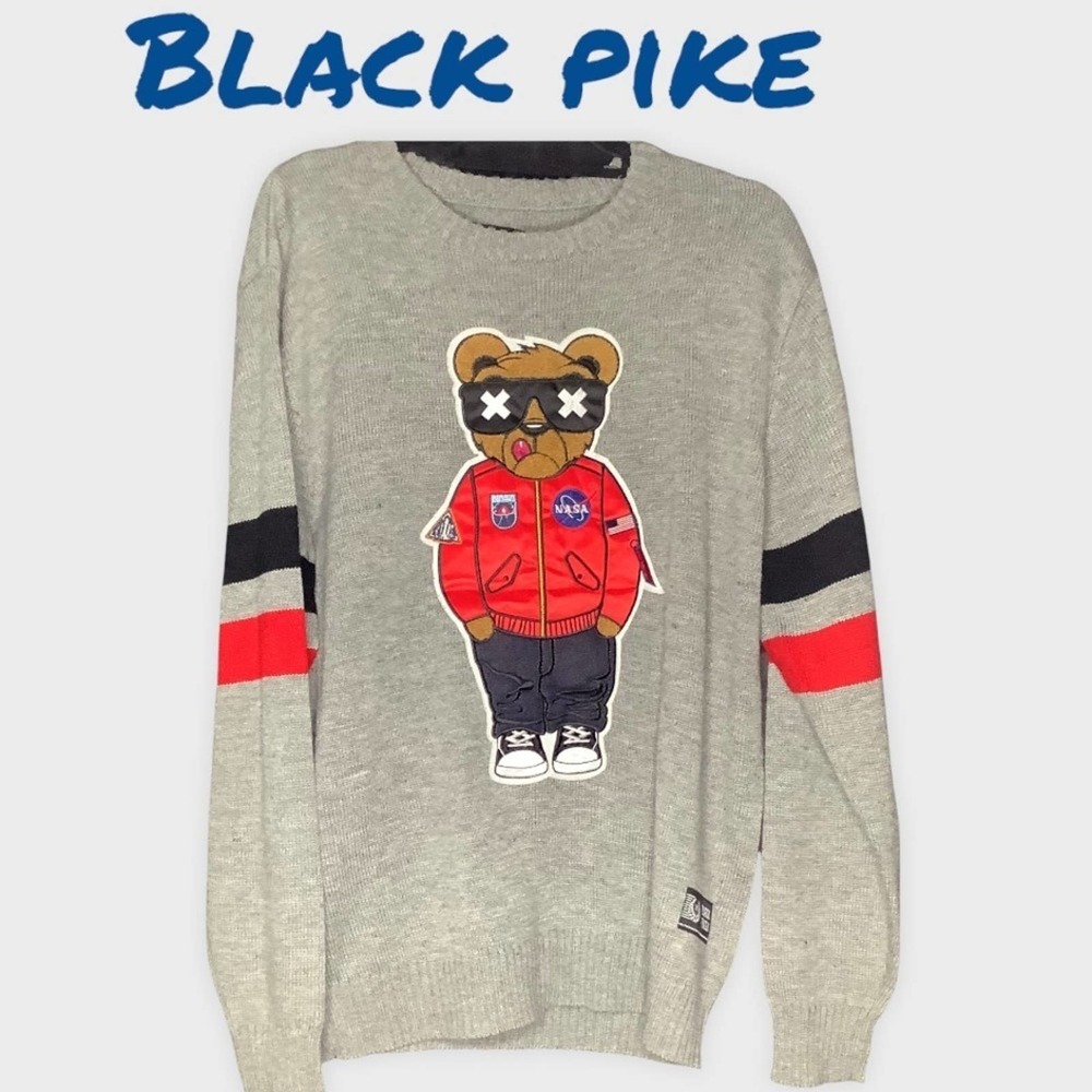 BLACK PIKE TEDDY BEAR GREY LIGHT WEIGHT SWEATER CREWNECK LARGE